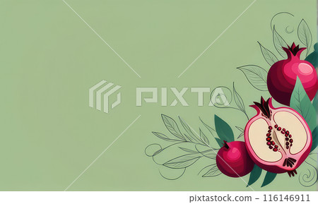 Jewish holiday Rosh Hashanah or pomegranate and apples on a green background. 116146911