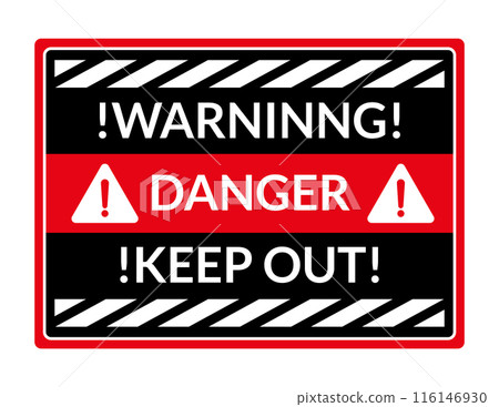 Danger warning board icon. Caution and dangerous area. Red sign for safety, hazard shock. Keep out caution warning and risk zone. Vector cartoon illustration 116146930