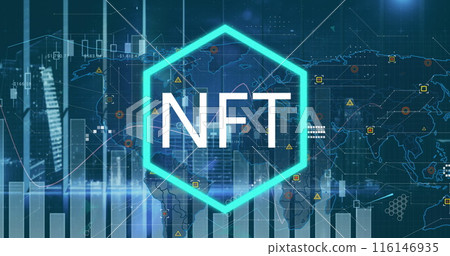 Image of nft symbol over graph and data processing over world map on blue background 116146935