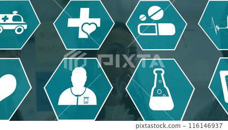 Image of scientific icons in hexagons over biracial woman brainstorming Image of scientific icons in hexagons over biracial woman brainstorming 116146937