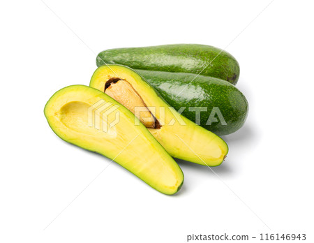 Avocado Isolated, Whole Avokado, Green Avocados Slice, Fresh Alligator Pear, Long Avocado Fruit 116146943