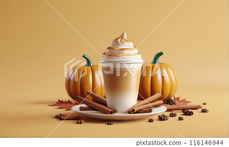 Pumpkin spice latte for Halloween on a pastel yellow background. 116146944