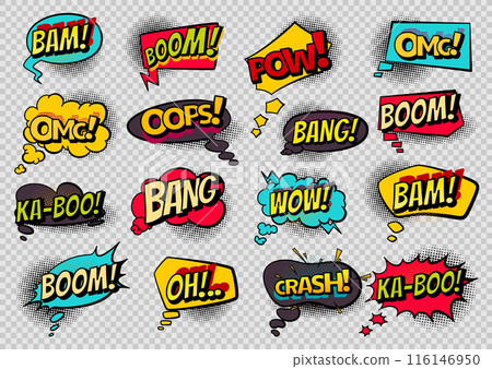 Comics book speech bubbles. Colored hand drawn retro cartoon stickers. Comic text WOW, boom, bang collection sound effects in pop art style. Funny design vector symbols Comics book speech bubbles. Colored hand drawn retro cartoon stickers. Comic text WOW, boom, bang collection sound effects in pop art style. Funny design vector symbols 116146950