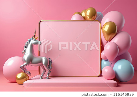 Happy birthday blank podium with rainbow, pink balloons, in the shape of a unicorn on a pink background. 116146959