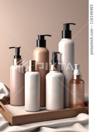Different blank packaging cosmetic bottles on wooden tray with green leaves on beige background. 116146965