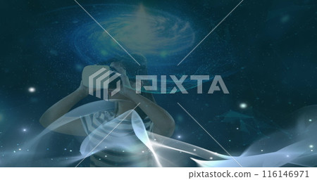 Image of waves over caucasian girl in vr headset Image of waves over caucasian girl in vr headset 116146971
