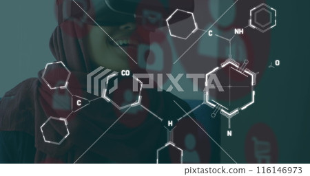 Image of chemical formulas over middle eastern woman in vr headset Image of chemical formulas over middle eastern woman in vr headset 116146973