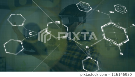 Image of chemical formulas over afrcia american man in vr headset Image of chemical formulas over afrcia american man in vr headset 116146980