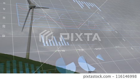 Image of financial data processing over wind turbine in countryside 116146998