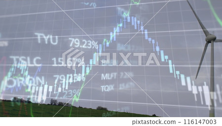 Image of financial data processing over wind turbine in countryside Image of financial data processing over wind turbine in countryside 116147003