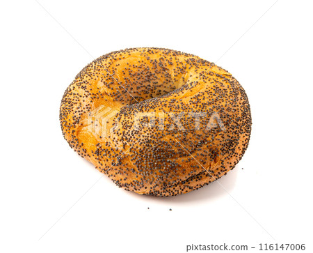 Poppy Seed Bagel Isolated, One Round Bread Bun, Poppyseed Wheat Bakery for Breakfast Poppy Seed Bagel Isolated, One Round Bread Bun, Poppyseed Wheat Bakery for Breakfast 116147006