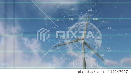 Image of globe with data processing over wind turbine in countryside Image of globe with data processing over wind turbine in countryside 116147007