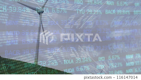 Image of financial data processing over wind turbine in countryside 116147014