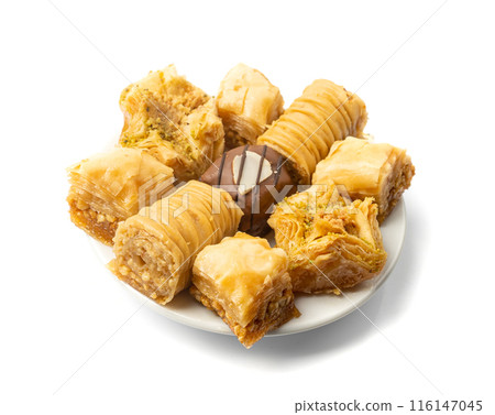 Baklava Isolated, Small Ramadan Dessert, Eastern Sweet Filo Pastries, Turkish Honey Baklawa, Oriental Desert Baklava Isolated, Small Ramadan Dessert, Eastern Sweet Filo Pastries, Turkish Honey Baklawa, Oriental Desert 116147045