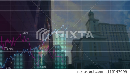 Image of graphs with financial data moving with lines against buildings in city 116147099