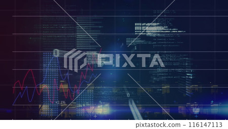 Image of graphs with data processing on digital interface against building at night Image of graphs with data processing on digital interface against building at night 116147113