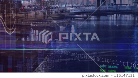 Image of financial data, binary code and graphs over city buildings 116147131