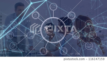 Image of globe with icons over diverse business people in office Image of globe with icons over diverse business people in office 116147159