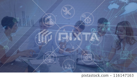 Image of data processing and icons over diverse business people in office 116147163