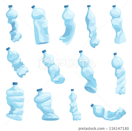 Crumpled bottles icon set. Broken plastic bottles, empty plastic containers, recyclable garbage eco concept. Recycling waste elements. Vector isolated illustration Crumpled bottles icon set. Broken plastic bottles, empty plastic containers, recyclable garbage eco concept. Recycling waste elements. Vector isolated illustration 116147180