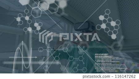 Image of data processing over caucasian businesswoman using vr headset in office Image of data processing over caucasian businesswoman using vr headset in office 116147262