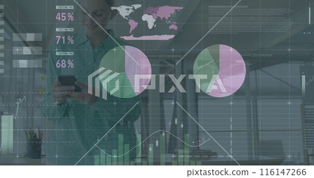 Image of financial data processing over businesswoman using tablet 116147266