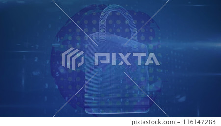 Image of connections servers padlock and pattern over blue background 116147283