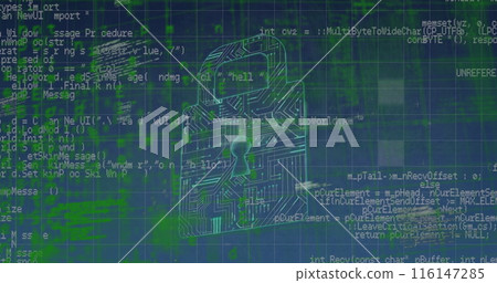 Image of data processing over integrated circuit in green and black space 116147285