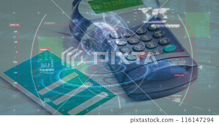 Image of financial data processing over smartphone and payment terminal 116147294