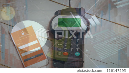 Image of financial data processing over smartphone and payment terminal Image of financial data processing over smartphone and payment terminal 116147295