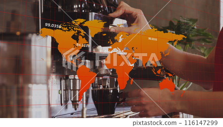 Image of map, numbers, cropped hands of caucasian woman preparing coffee through coffee machine Image of map, numbers, cropped hands of caucasian woman preparing coffee through coffee machine 116147299