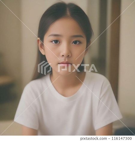Image of a girl alone in a room, only child, female elementary school student, lonely, AI generated 116147300