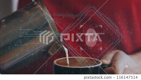 Image of padlock and fingerprint in rhombus over barista poring milk in coffee cup Image of padlock and fingerprint in rhombus over barista poring milk in coffee cup 116147314