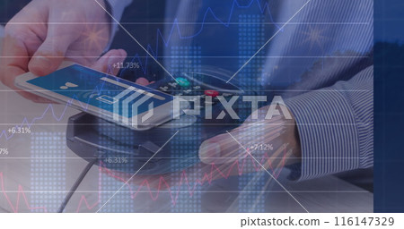 Image of financial data processing over man with smartphone and payment terminal 116147329