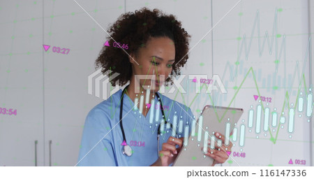 Image of data processing over african american female doctor using tablet 116147336