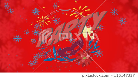 Image of snow falling over party text and icons on red background 116147337