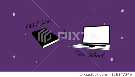 Image of covid 19 cells and school text over laptop and book on purple background 116147349
