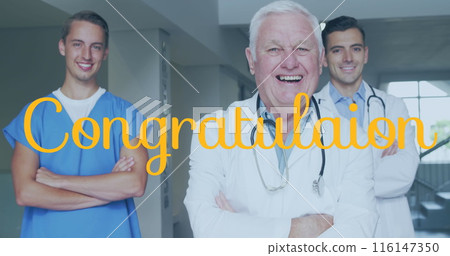 Image of congratulation text over caucasian doctors smiling 116147350