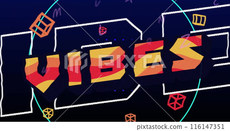 Image of vibes text and falling shapes over black background 116147351