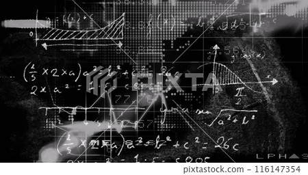 This image features mathematical formulae appearing on a black and white background 116147354