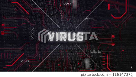 Image of virus text with glitch technique, multiple numbers, binary codes, circuit board pattern 116147375