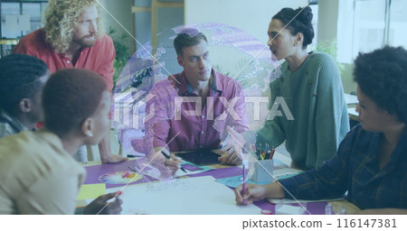 Image of globe over diverse business people in office 116147381