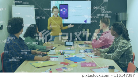 Image of business texts over diverse business people in office Image of business texts over diverse business people in office 116147397
