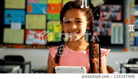 Image of mathematical equations over biracial girl using tablet 116147408