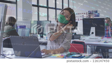 Image of changing numbers and heart rhythm over asian woman removing mask and smiling in office 116147450