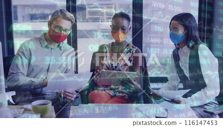 Image of trading board, diverse coworkers wearing mask and discussing reports on laptop Image of trading board, diverse coworkers wearing mask and discussing reports on laptop 116147453