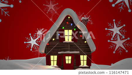 Image of snowflakes over winter house on red background Image of snowflakes over winter house on red background 116147471