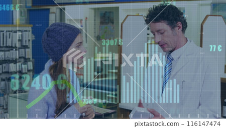 Image of financial data processing over caucasian male pharmacist and female patient Image of financial data processing over caucasian male pharmacist and female patient 116147474