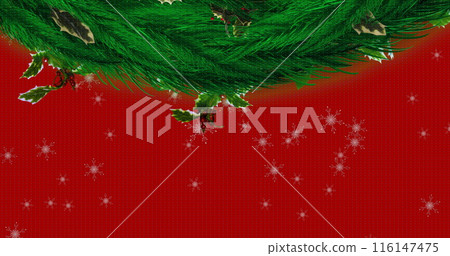 Image of snowflakes over winter fir tree on red background 116147475