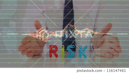Image of financial data processing and risk text over caucasian businessman Image of financial data processing and risk text over caucasian businessman 116147481